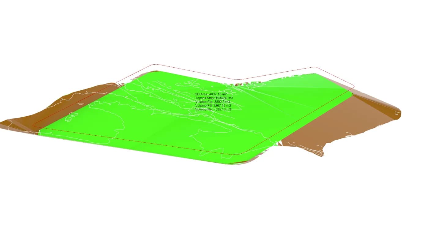 The two-part mesh bake, formation surface and batter slopes separated so each can carry its own material