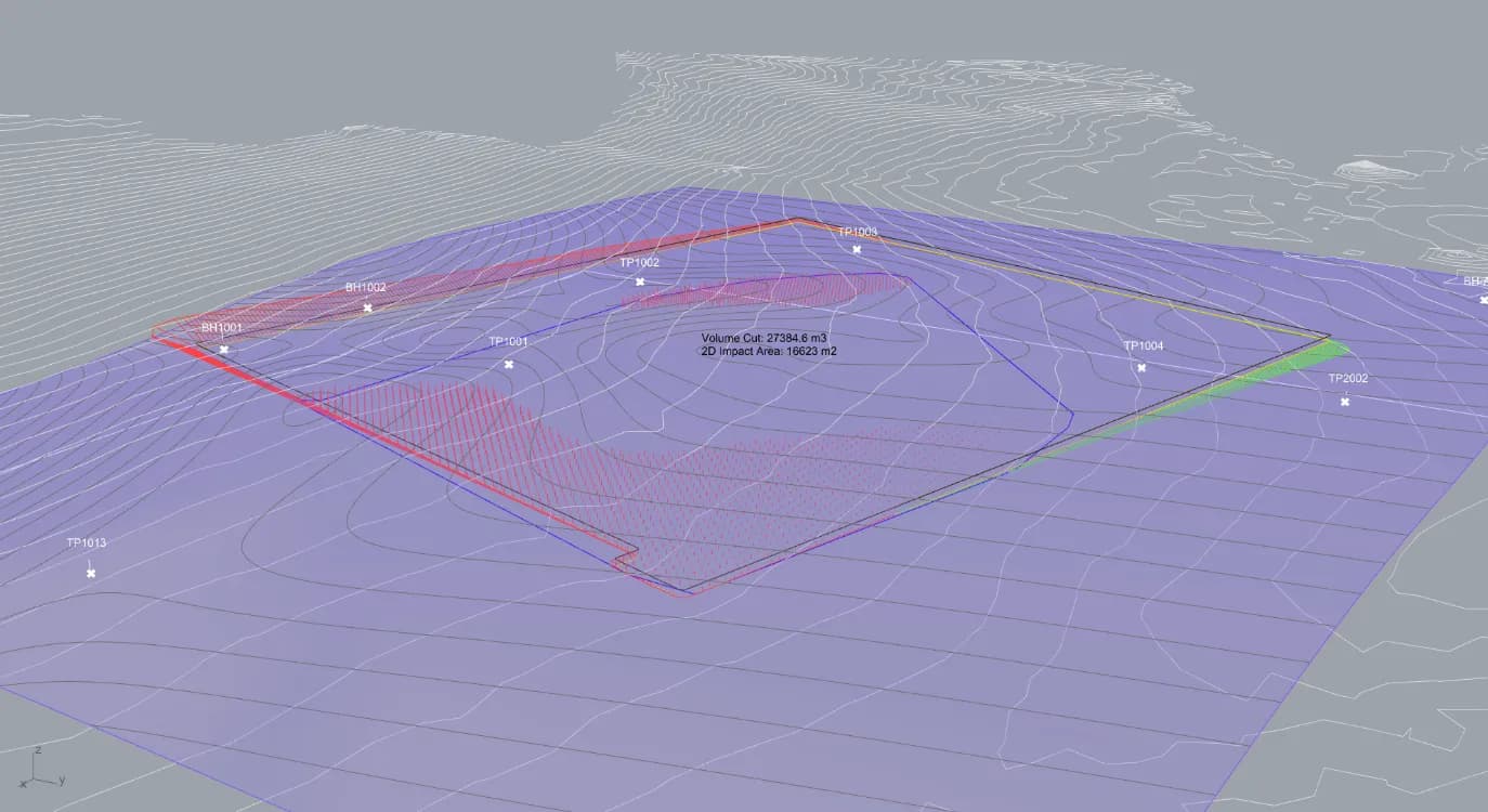 The interpolated geological surface in purple, cut by the formation level, with the intersection boundary picked out in dark blue and the borehole and trial pit positions marked