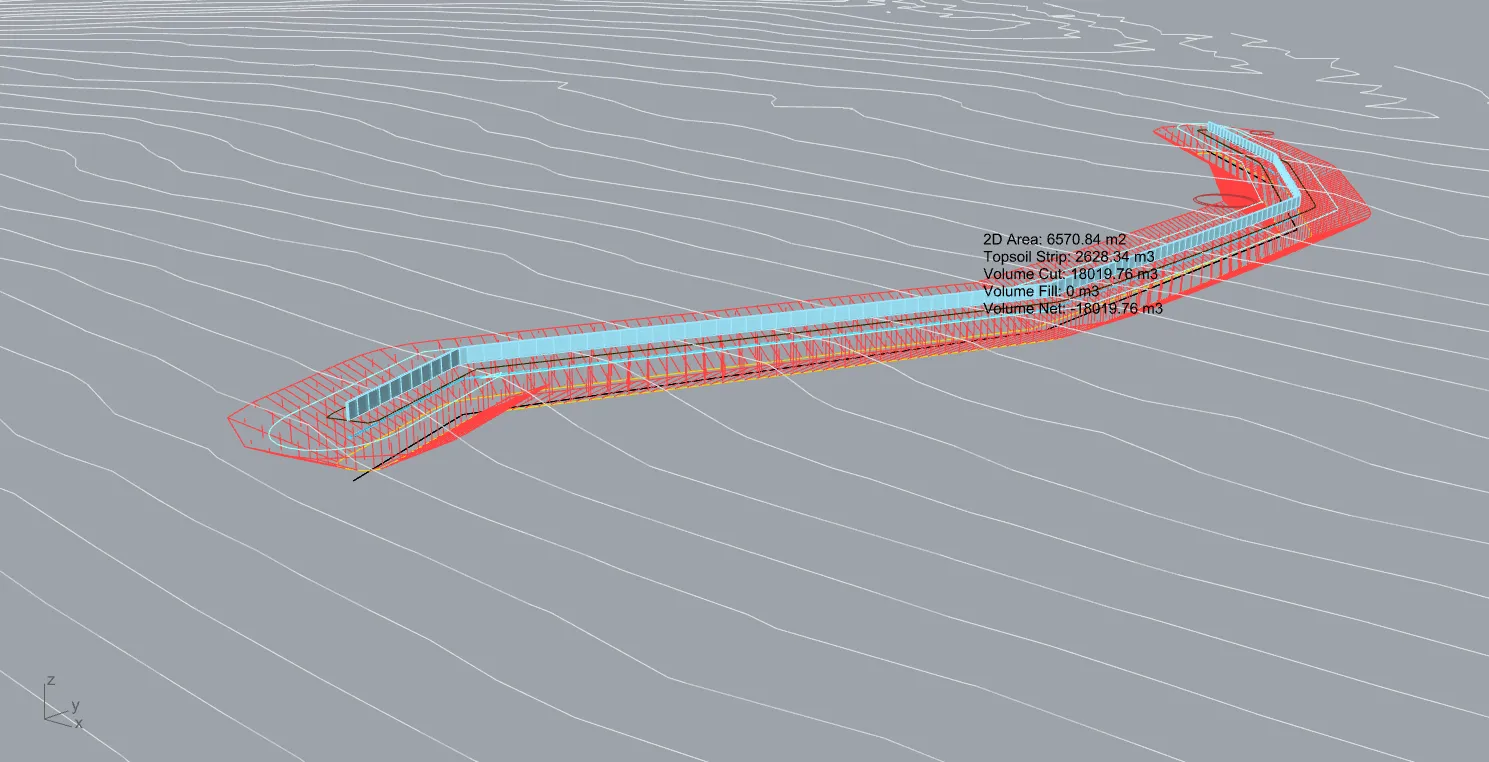 Pipe geometry offset from the existing ground surface, so a depth-below-ground figure is enough to place it