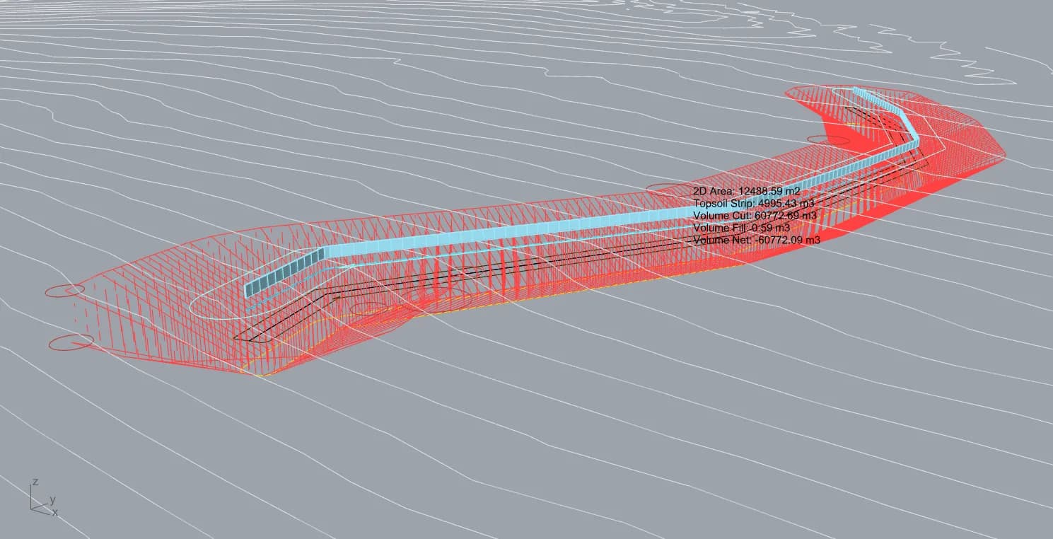 The same corridor with the pipe offset from the input alignment instead, and the deeper cut that follows