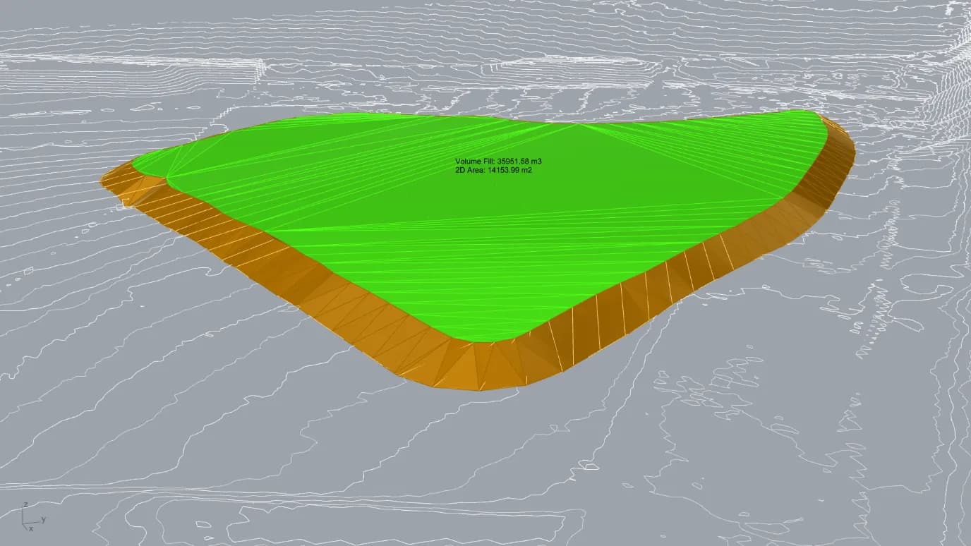 Live viewport statistics on a stockpile, centred on the geometry and turned to face the camera