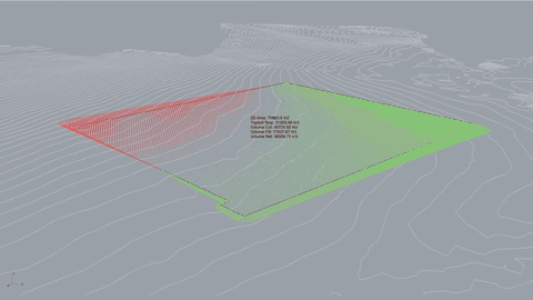 Cut and fill zones resolving across a platform as formation level is set against existing ground, red for cut and green for fill