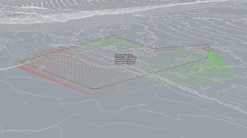 The finished cut and fill mesh turning in the viewport, with live area and volume statistics facing the camera