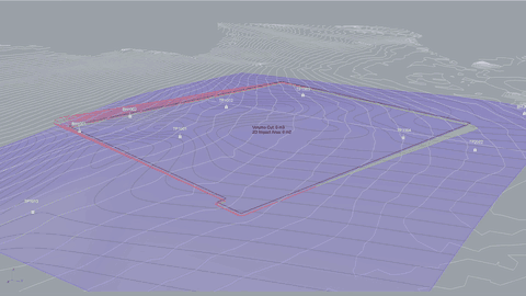 The interpolated geological surface intersecting formation level, with borehole and trial pit positions labelled